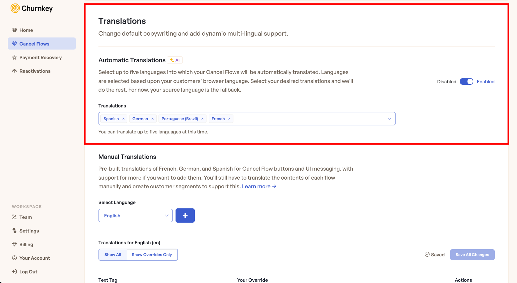 Automatic Translation Settings